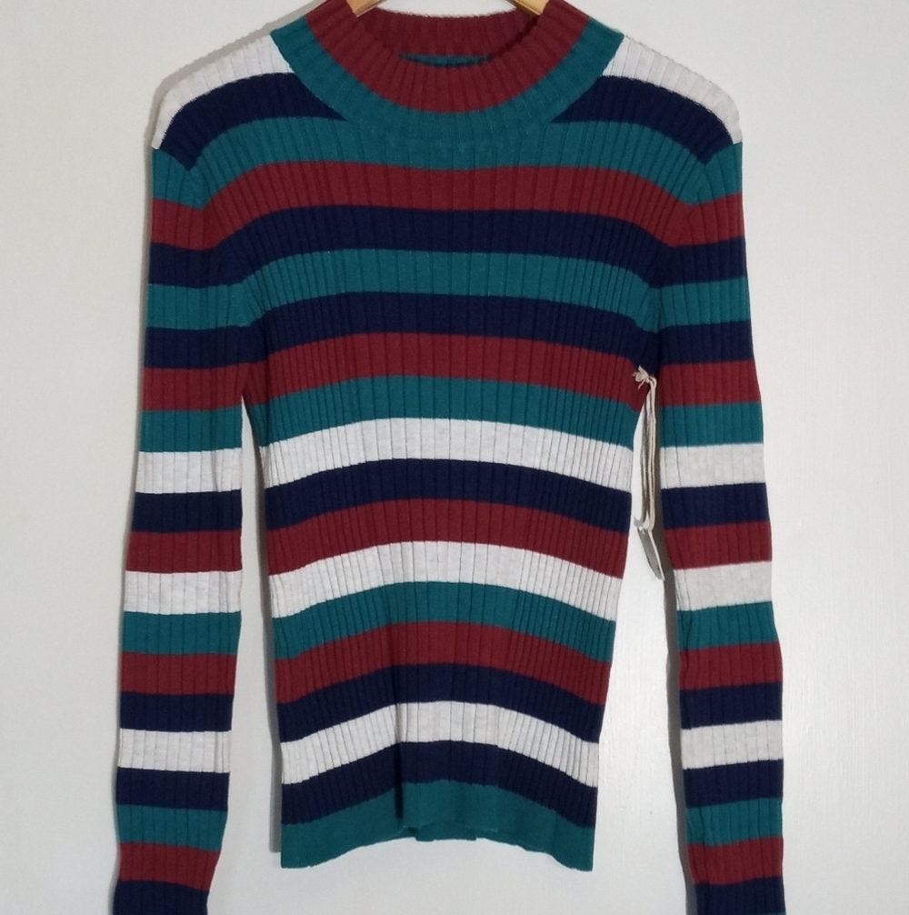 Poof Apparel long sleeve ribbed striped crew neck knit top women's medium NWT
